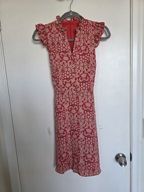 Vince Camuto Red and Cream Floral Ruffle Midi Dress